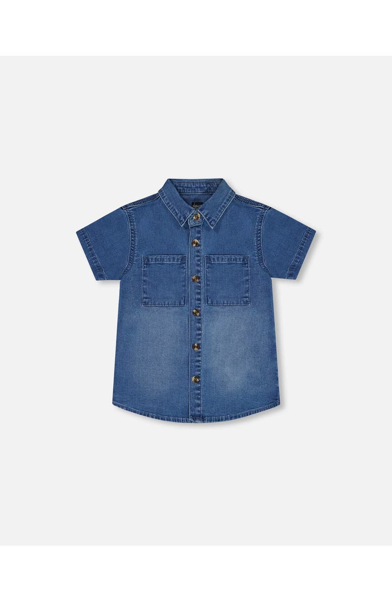 Deux par Deux Baby Boy's Short Sleeve Button Down Shirt Dark Denim Blue, Main, color, 