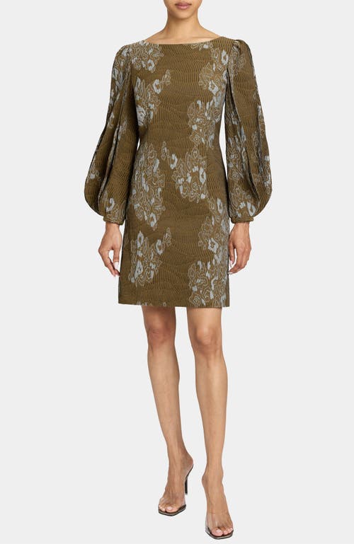 Santorelli Arana Pleated Bishop Sleeves Shift Jacquard Dress In Sand