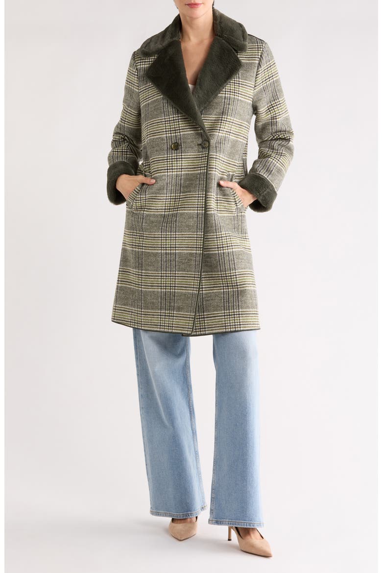 Plaid Faux Fur Trim Coat, Main, color, GREEN PLAID