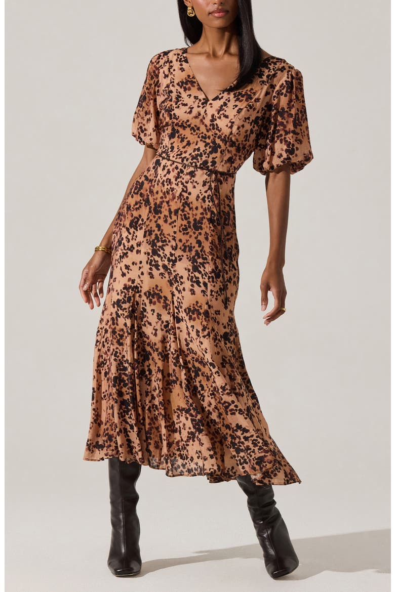 Lavena Leopard Puff Sleeve Midi Dress, Main, color, TAUPE LEOPARD PRINT