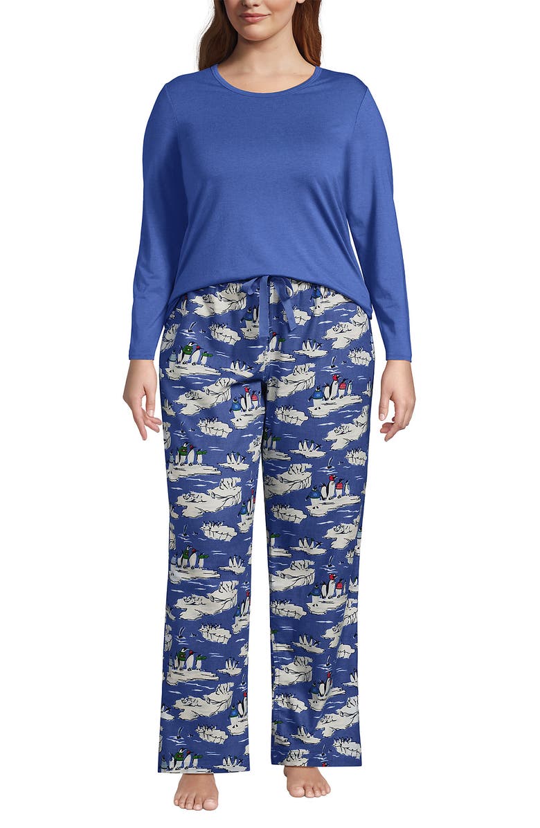 Lands' End Pajama Set Knit Long Sleeve T-Shirt and Flannel Pants, Alternate, color, Cobalt Blue Holiday Penguins
