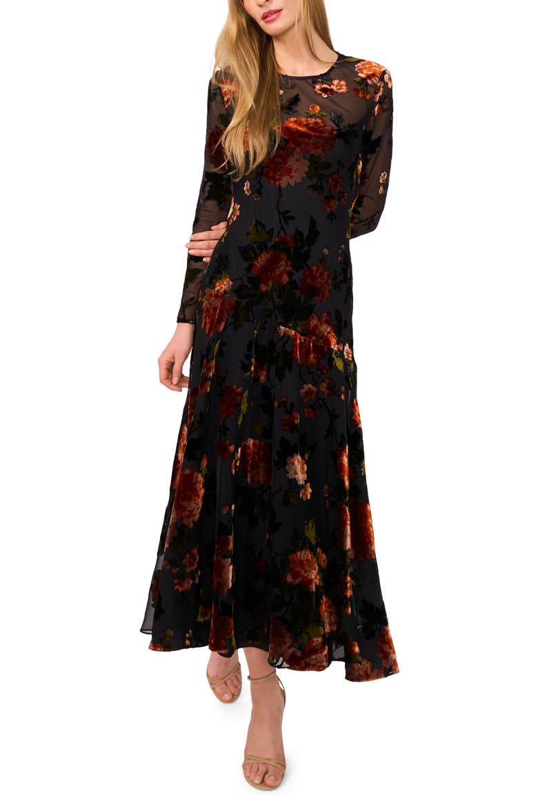 Floral Velvet Burnout Long Sleeve Dress, Main, color, RICH BLACK
