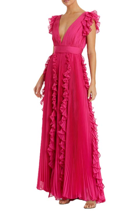 ★Mac Duggal★Pink Vネック フリルトリムスリーブラップ ドレス ピンクプリーツシフォンVネックラッフルミディドレス - Mac Duggal