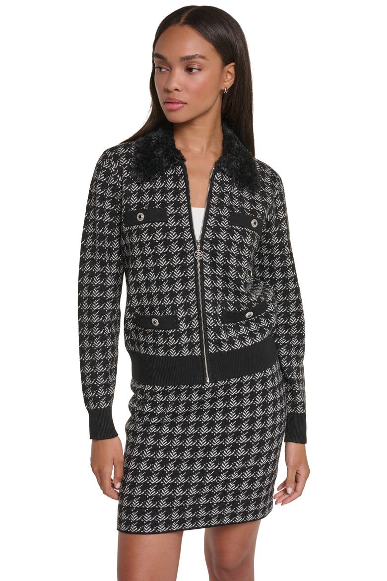 Faux Fur Collar Zip Front Cardigan, Alternate, color, BLACK/ SOFT WHITE