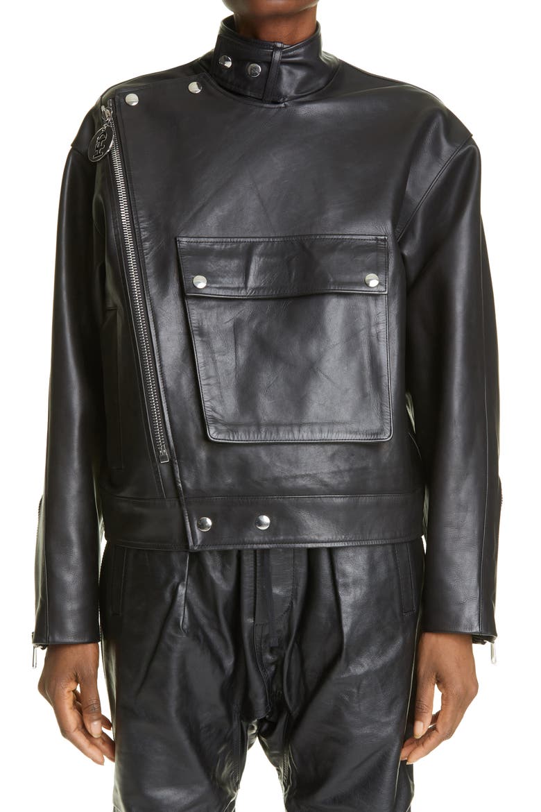 Unisex Logo Embossed Leather Biker Jacket, Main, color, BLACK