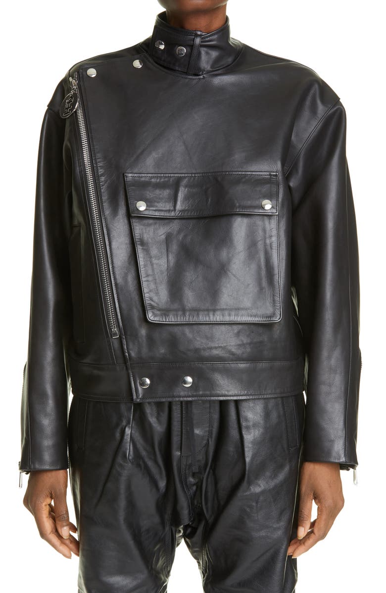 HFD Unisex Logo Embossed Leather Biker Jacket, Main, color, 