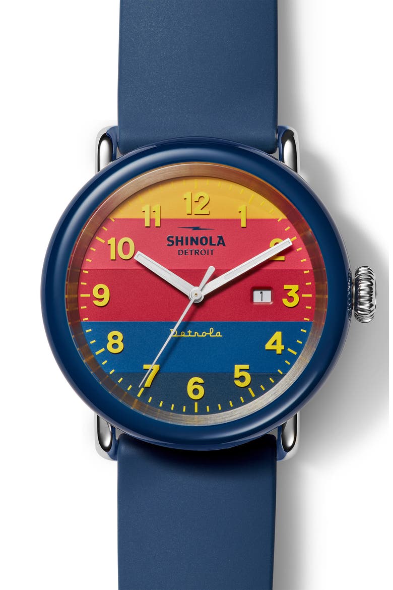 Detrola The Honcho Silicone Strap Watch, 43mm, Main, color, NAVY/ YELLOW/ NAVY