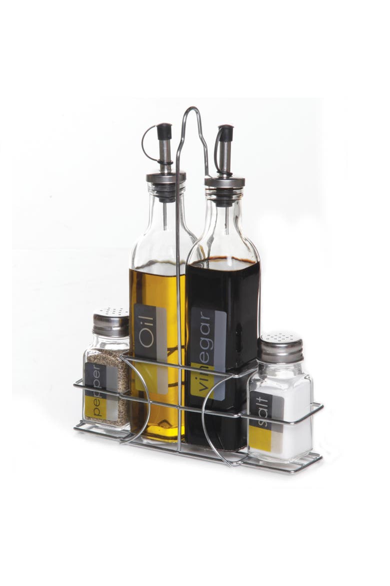 General Store 4-Piece Condiment Set with Wire Caddy, Main, color, Silver