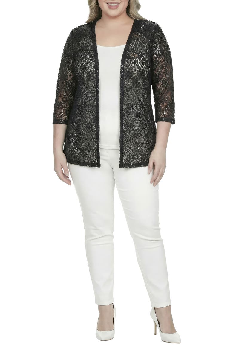 Sequin Lace Open Front Cardigan, Alternate, color, BLACK