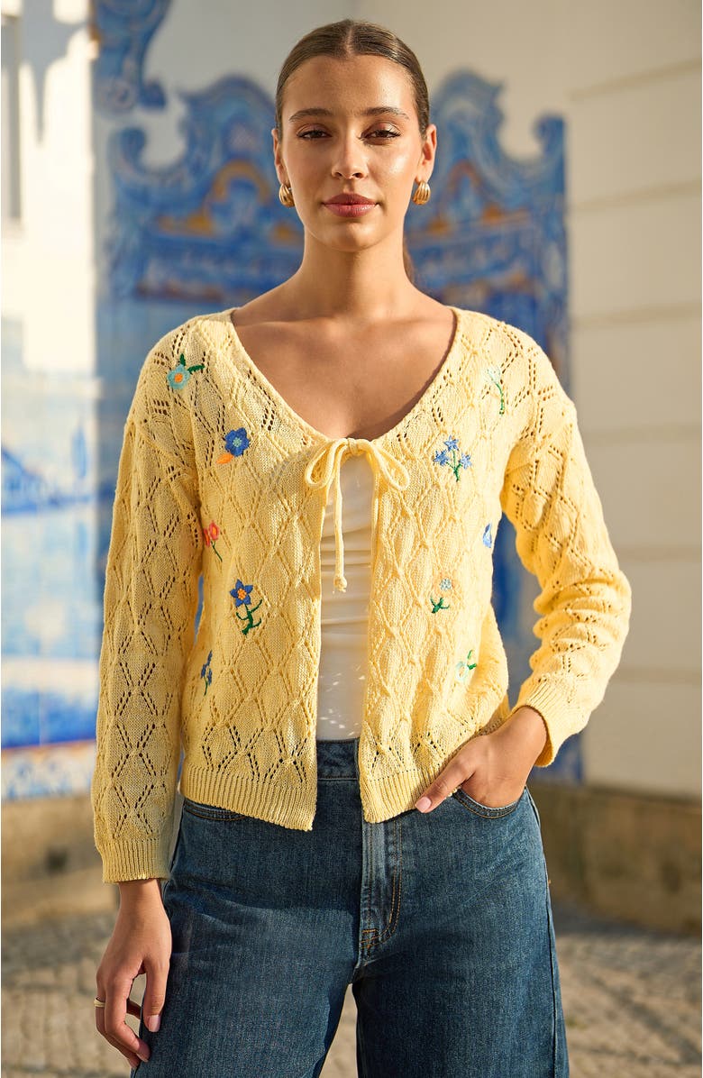 Yumi Embroidered Pointelle Cardigan, Alternate, color, Butter Yellow