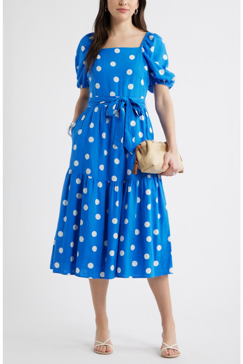 Puff Sleeve Linen Blend Midi Dress, Alternate, color, BLUE PALACE- IVORY TULLA DOT
