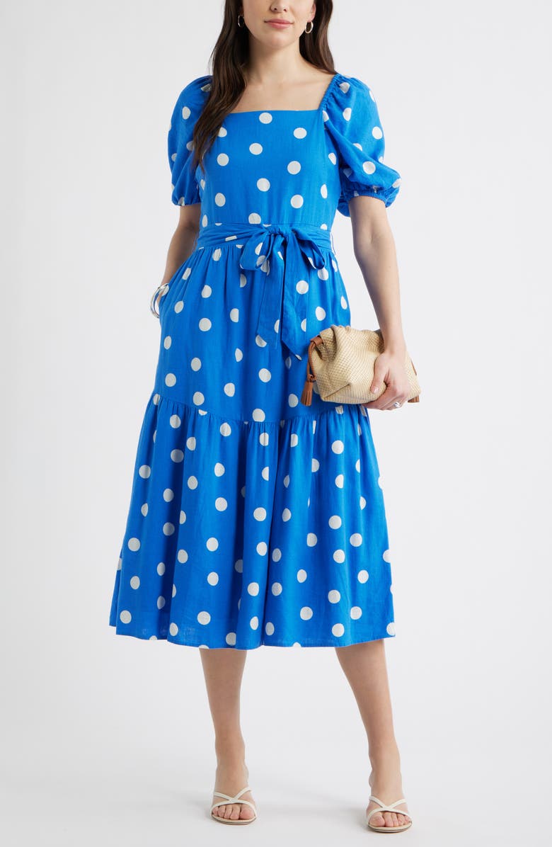 Caslon<sup>®</sup> Puff Sleeve Linen Blend Midi Dress, Alternate, color, Blue Palace- Ivory Tulla Dot