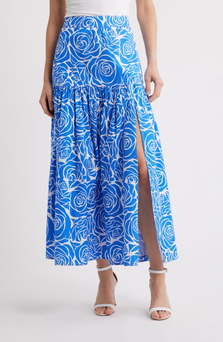 Milly Noemi Rose Tiered Poplin Maxi Skirt, Main, color, Blue/ White
