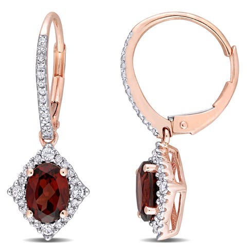 Garnet White Sapphire & Diamond Halo Earrings