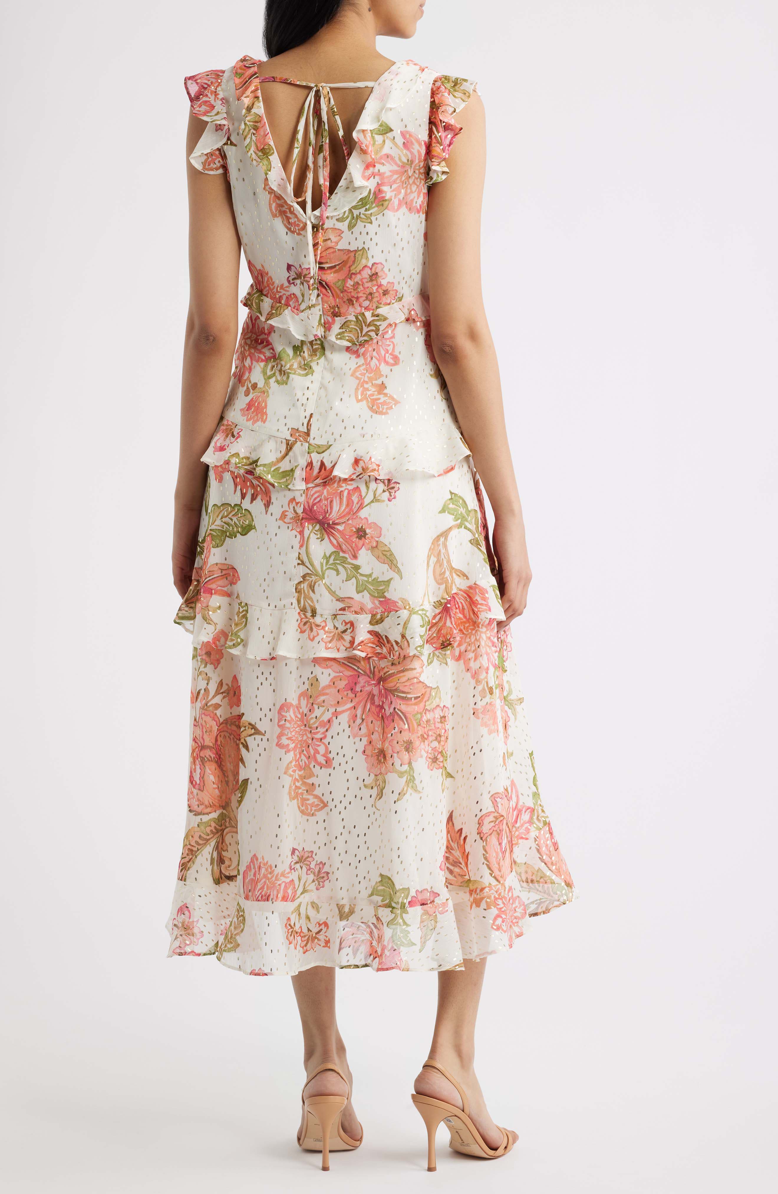 Floral Metallic Detail Cascade Ruffle Dress - image 2