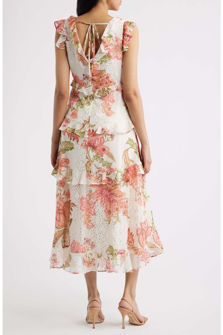 Floral Metallic Detail Cascade Ruffle Dress, Alternate, color, EGRET