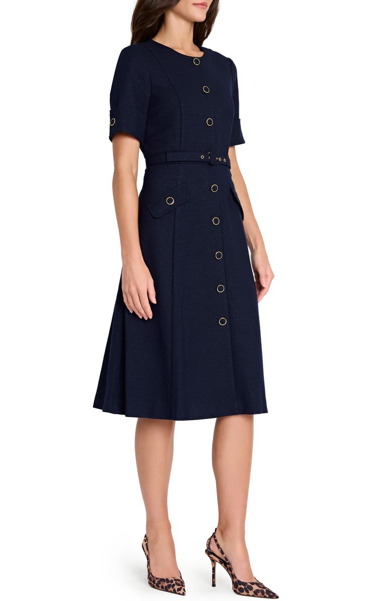 Tahari ASL Metallic Tweed Belted Dress, Alternate, color, Navy