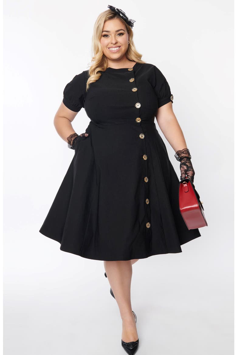 Plus Size Asymmetrical Button Woven Swing Dress, Main, color, Black