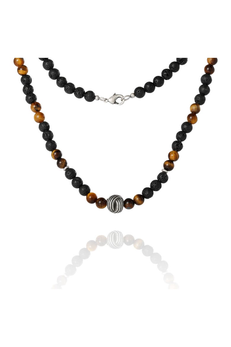 Men's Lava Rock & Tiger Eye Beaded Necklace, Silver-Tone Center Bead, Alternate, color, Black