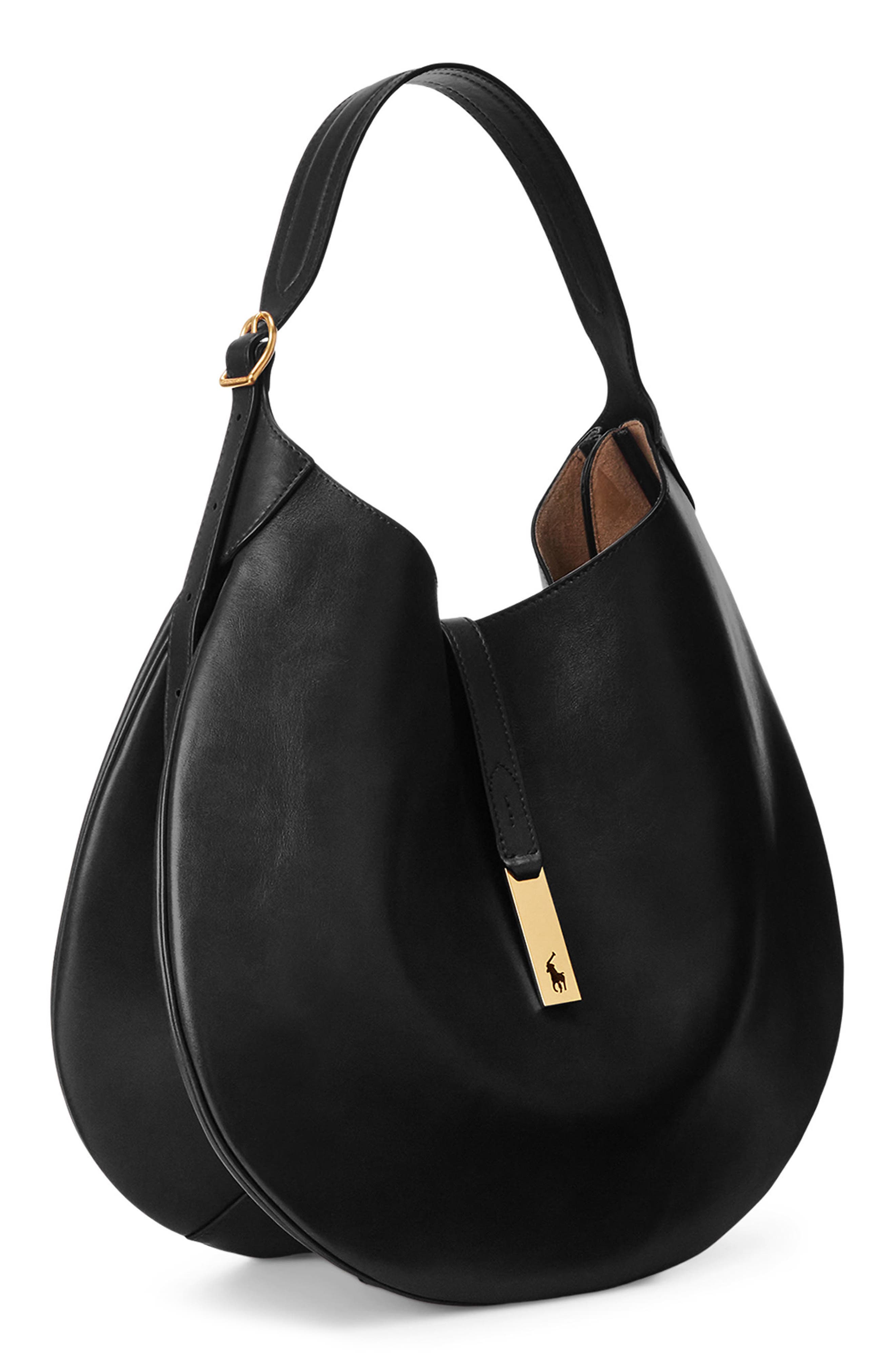 Polo Ralph Lauren Large Polo ID Leather Shoulder Bag, Alternate, color, Black