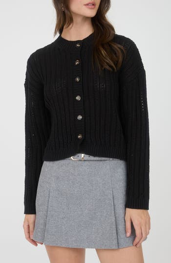 Blu Pepper Pointelle Button Front Crop Cardigan In Black