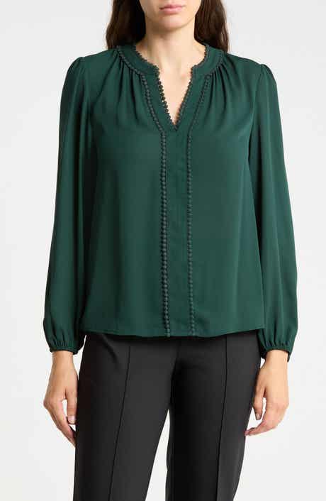 Pom Trim V Neck Blouse