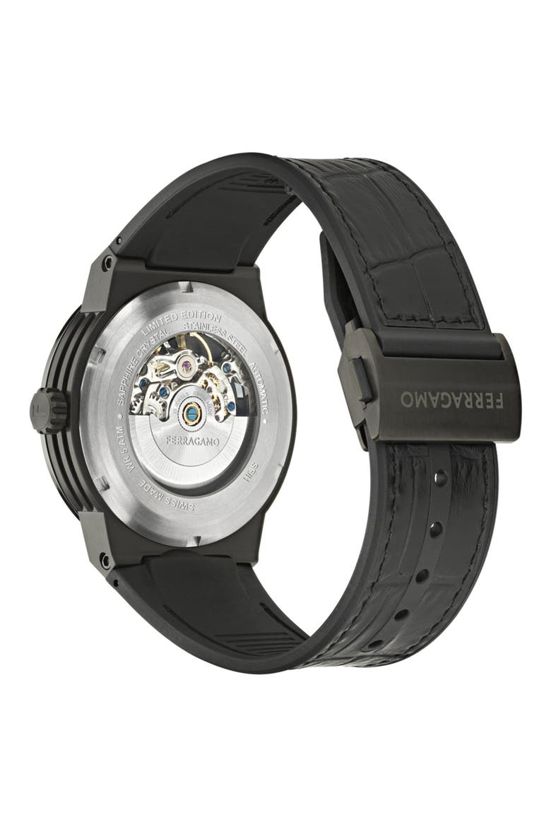 F-80 Manufacture Black Automatic Leather Strap Watch, 43mm, Alternate, color, IP BLACK