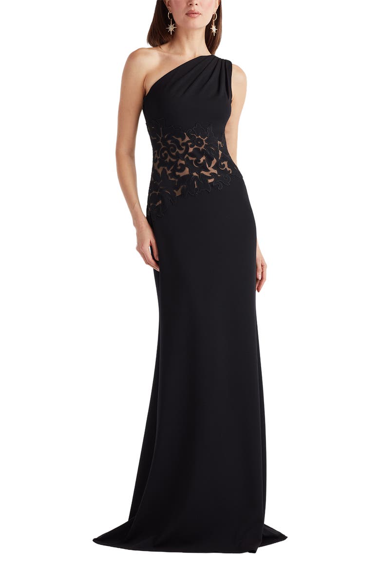 Embroidered Detail One-Shoulder Gown, Main, color, BLACK/ NUDE