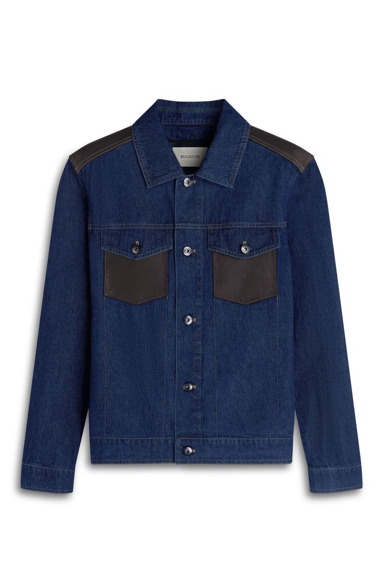 Leather Trim Denim Trucker Jacket, Alternate, color, NAVY