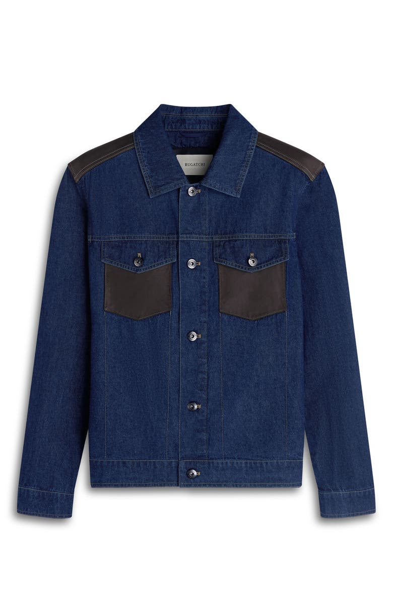 Bugatchi Leather Trim Denim Trucker Jacket, Alternate, color, Navy