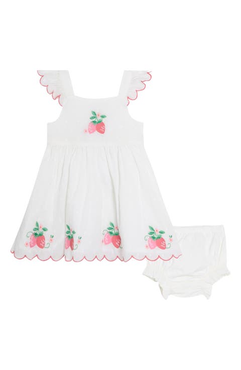 Floral Strawberry Embroidered Ruffle Accent Cotton Dress & Bloomers (Baby)