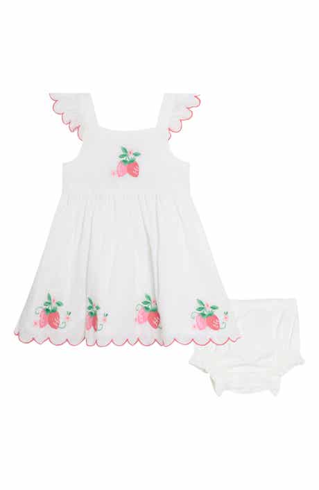 JOJO MAMAN BEBE Floral Strawberry Embroidered Ruffle Accent Cotton Dress & Bloomers