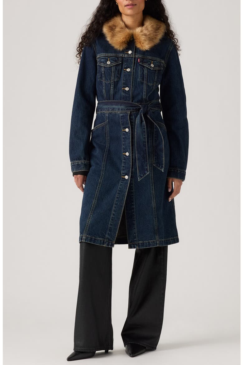 Mob Wife Belted Denim Coat with Removable Faux Fur Collar, Main, color, BELLISSIMA