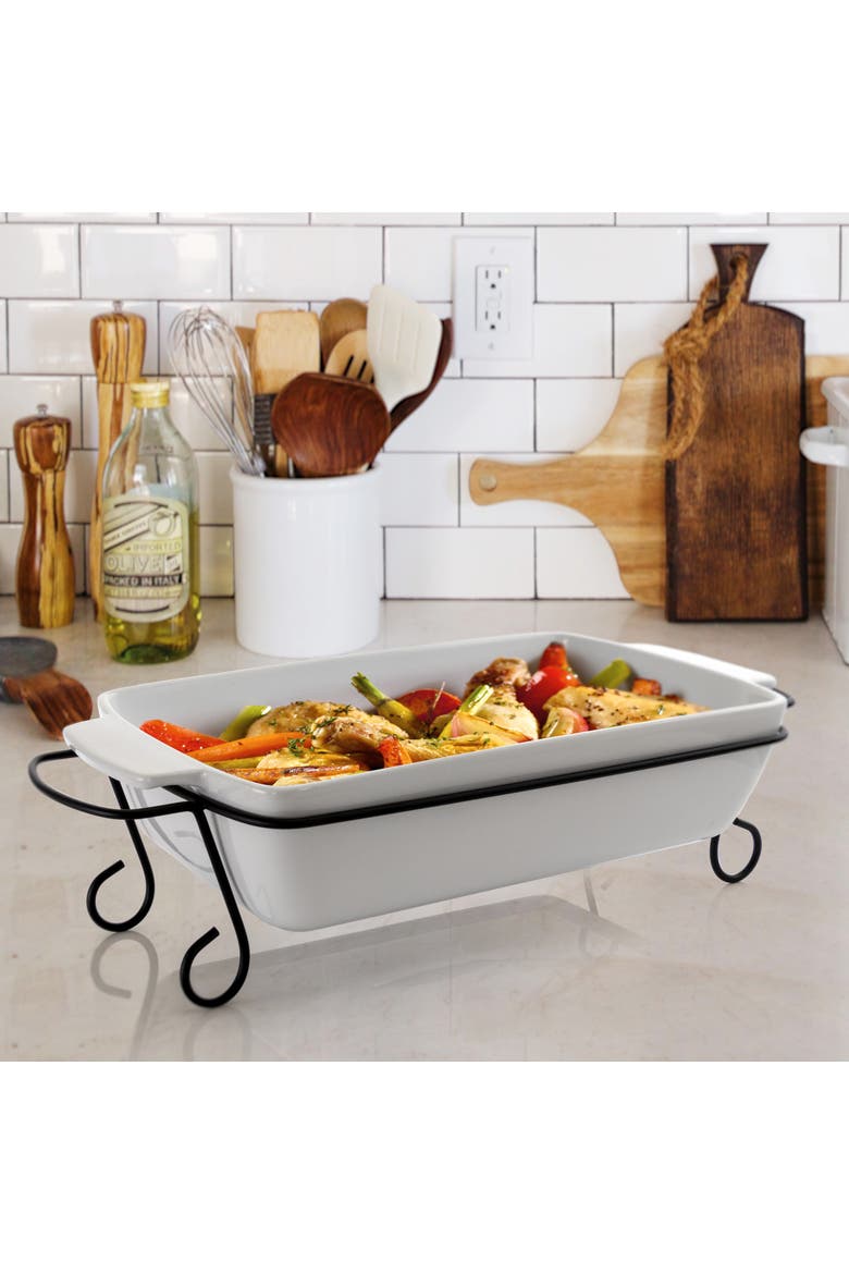 2 Piece Rectangle 15.5 Inch Stoneware Bakeware with Metal Rack, Alternate, color, White