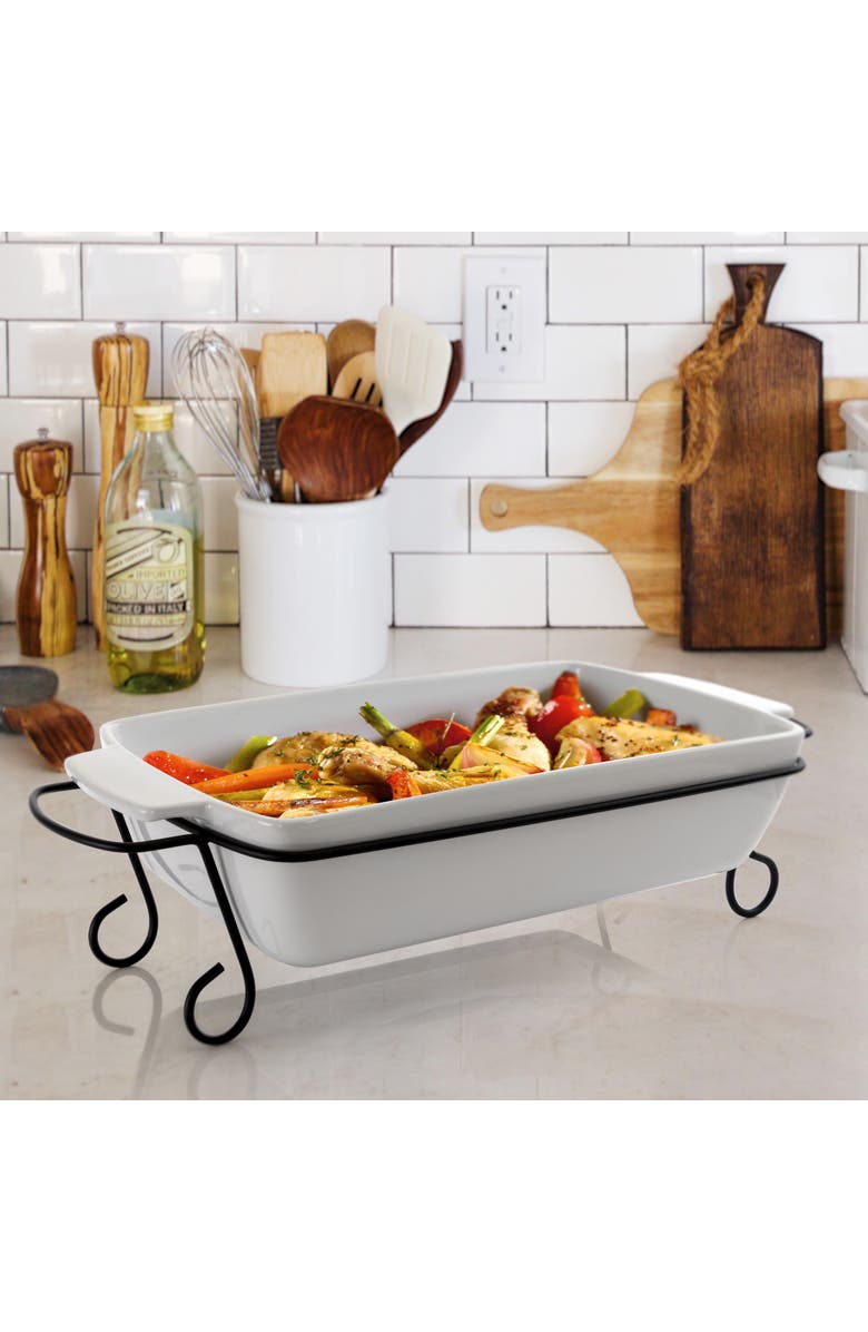 Gibson Elite 2 Piece Rectangle 15.5 Inch Stoneware Bakeware with Metal Rack, Alternate, color, White