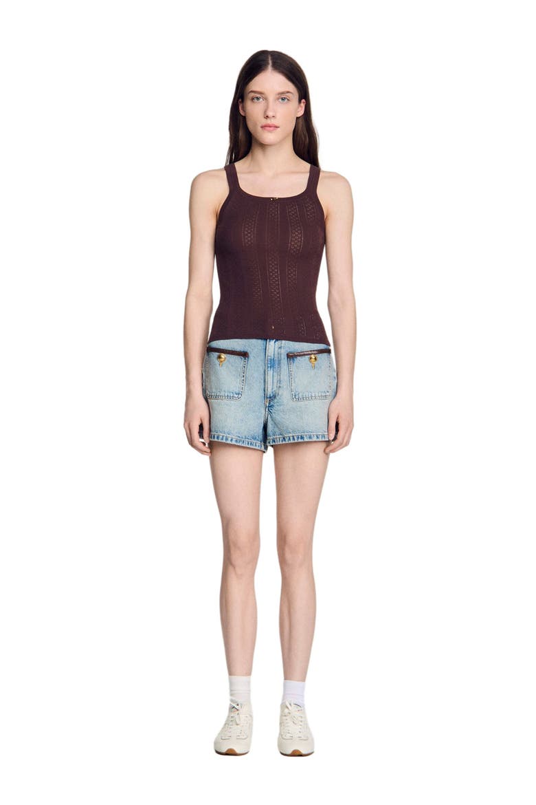 Pointelle knit vest top with bow, Alternate, color, Brown