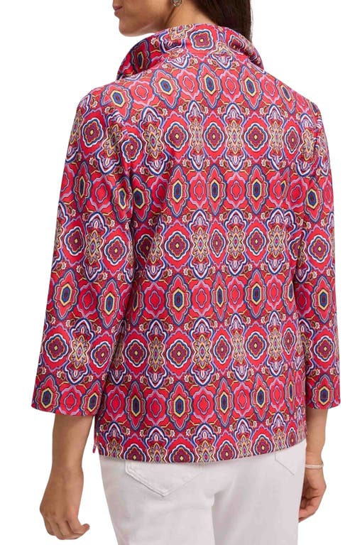Foxcroft Tammy Tile Print Ruffle Collar Jersey Top In Red/multi