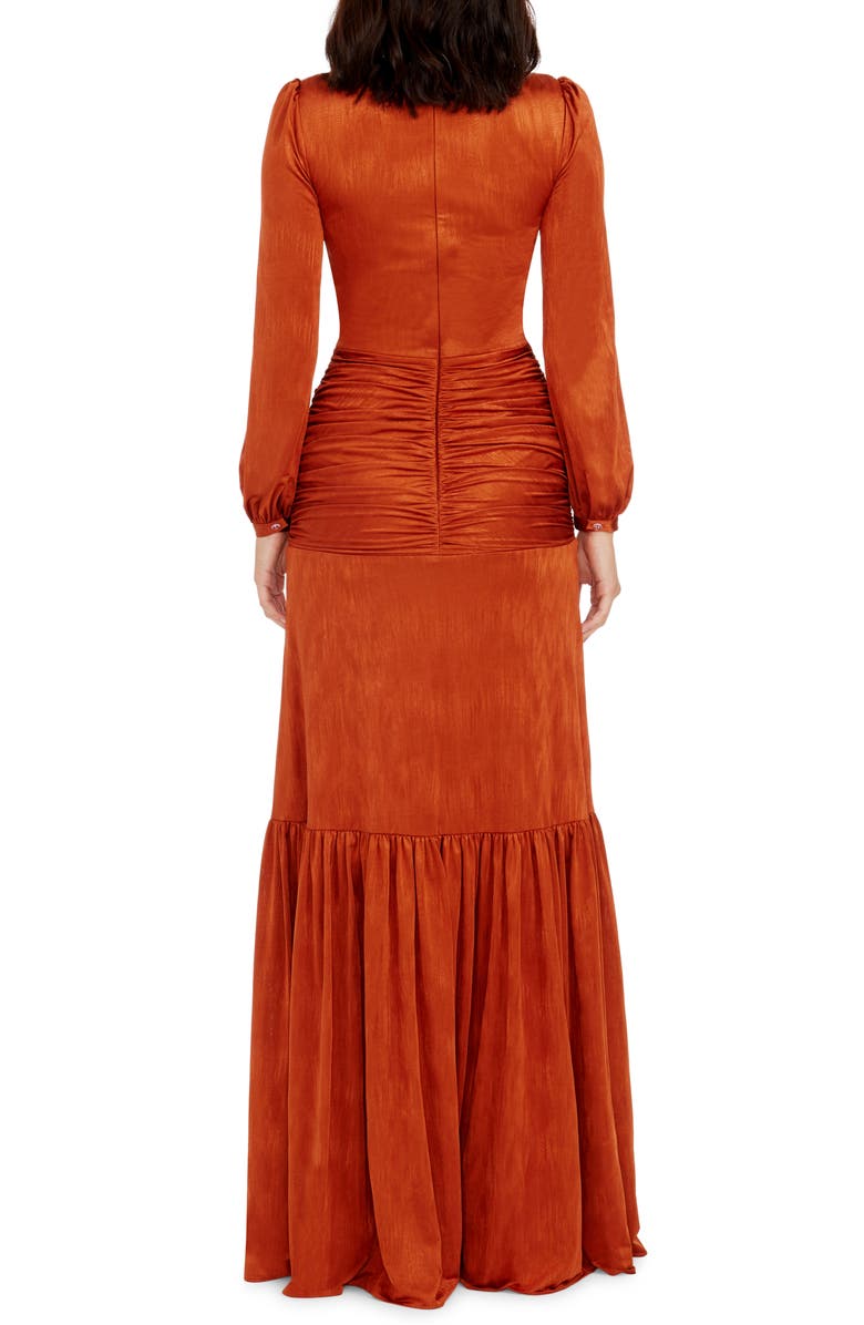Dress the Population Lucille Pleated Ruched Long Sleeve Gown, Alternate, color, Burnt Orange