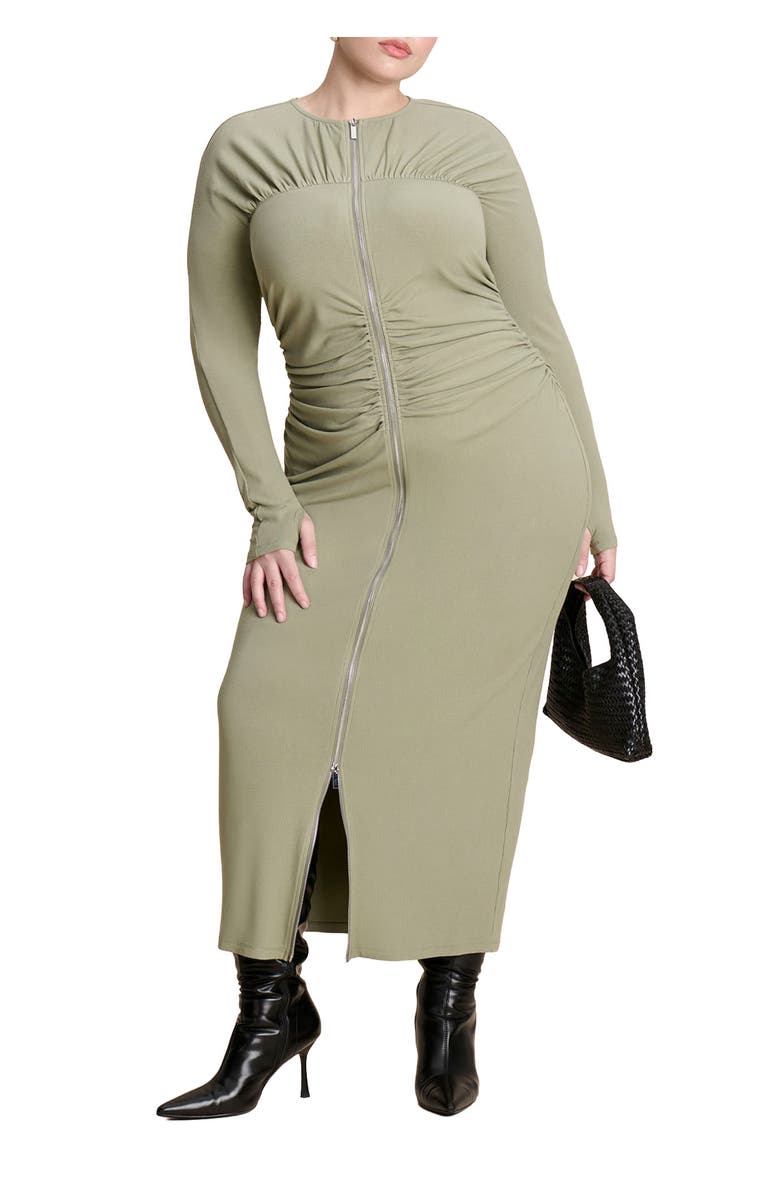 ELOQUII Zipper Front Maxi Dress, Main, color, Oil Green