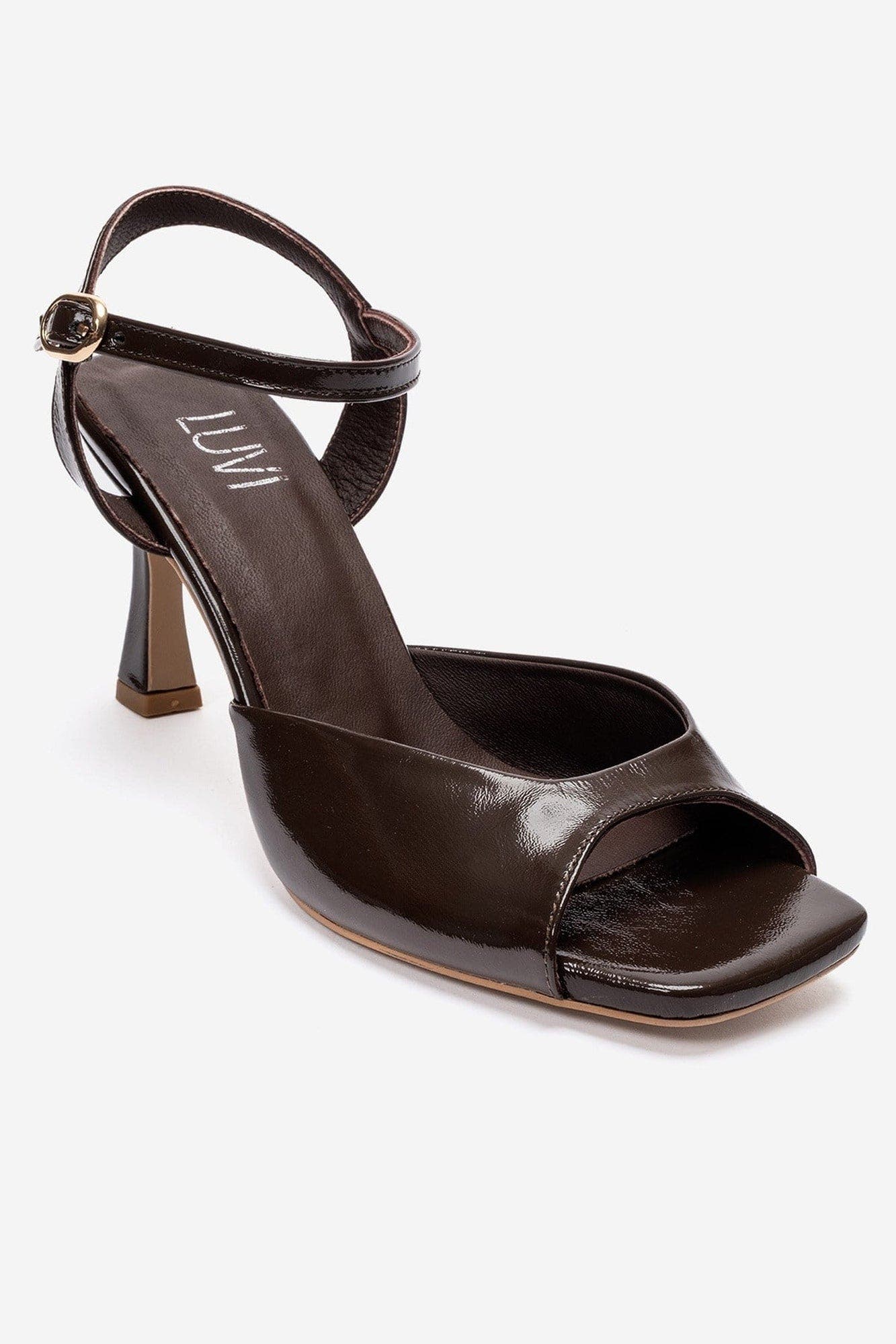 Elvia Leather Stiletto Ankle Strap Sandal, Alternate, color, Brown Patent