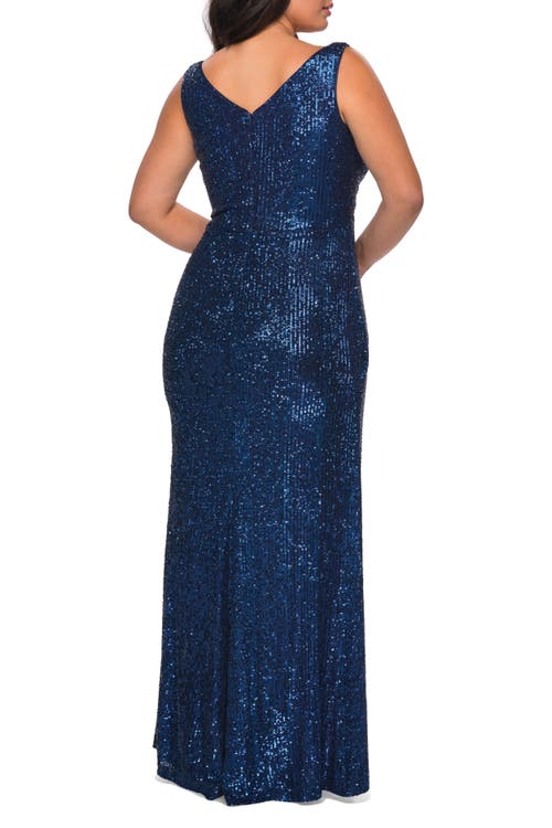 La Femme Sequin Plus Size Gown With Ruching And V-neck In Navy