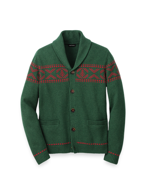 Cotton Button Front Fair Isle Shawl Collar Cardigan Sweater