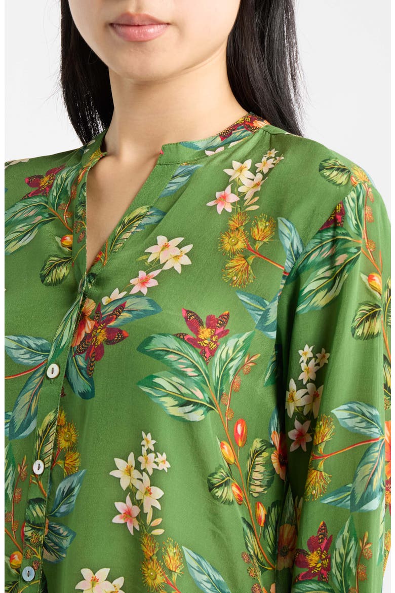 Mandarin Collar Button-Up Shirt, Alternate, color, FOREST/CORAL MULTI
