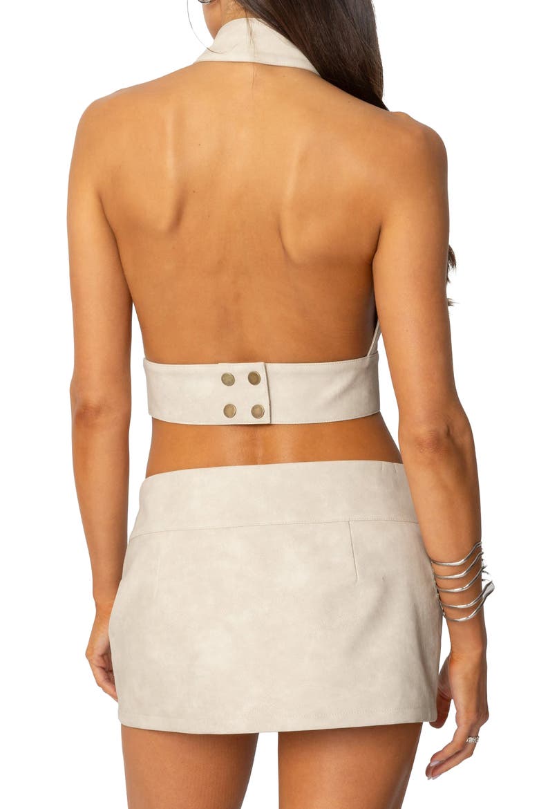 Karly Open Back Faux Leather Halter Top, Alternate, color, BEIGE