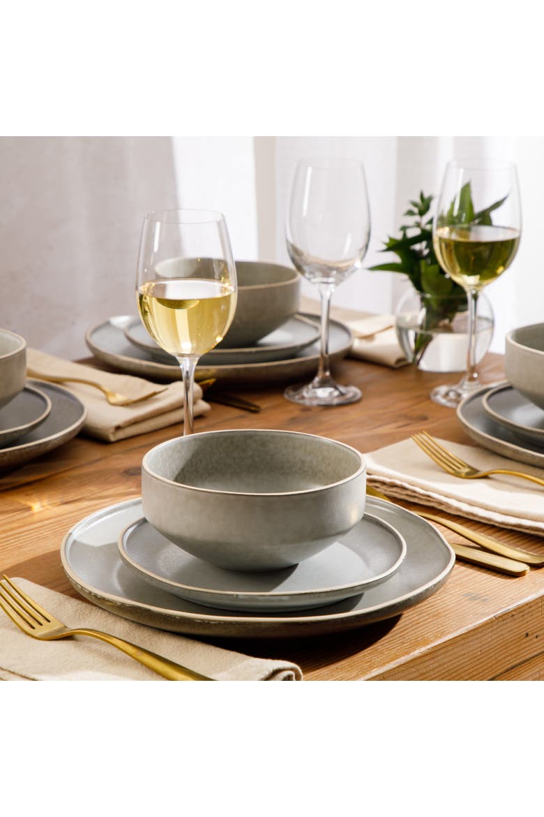 Plates and Bowls Set 12 Piece Matte Reactive Stoneware Dinnerware Set for 4, Alternate, color, Matte Grey