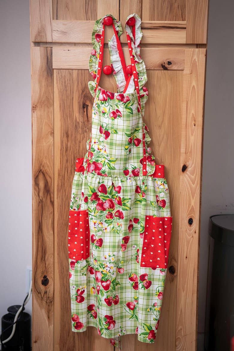 Strawberry Gingham Ruffle Apron, Alternate, color, Green