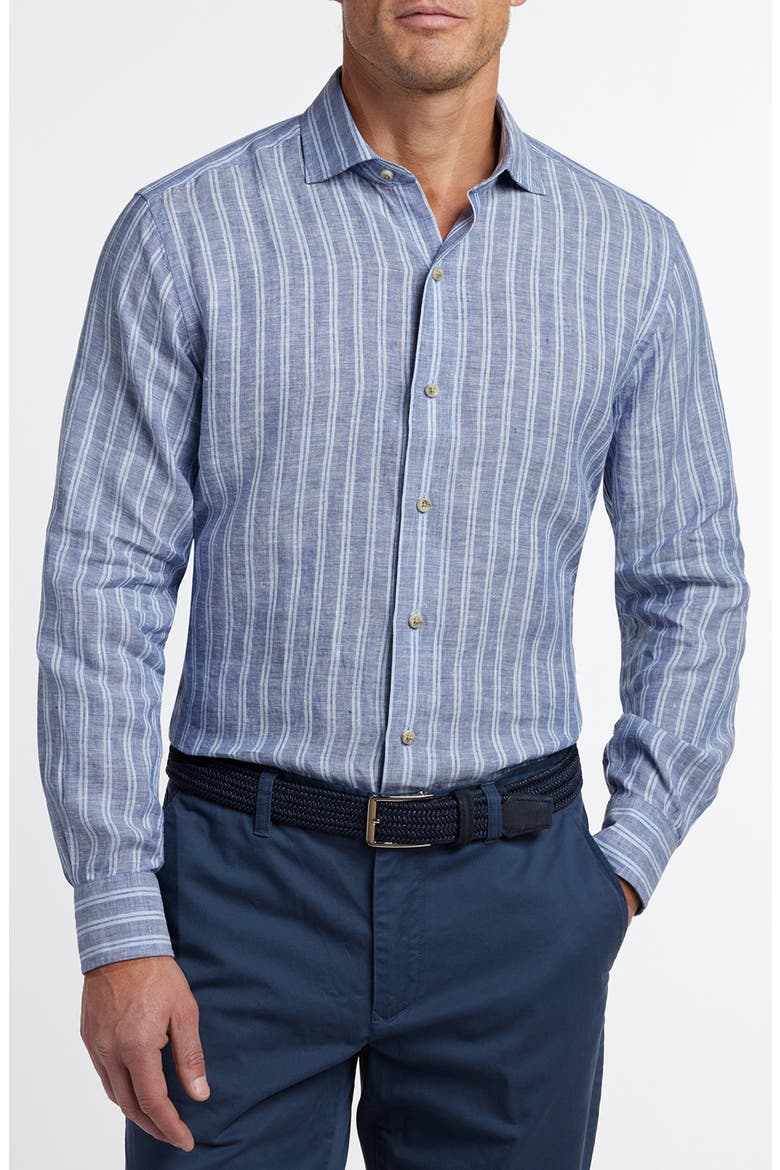 Stripe Slub Linen Button-Up Shirt, Main, color, NAVY/ SKY
