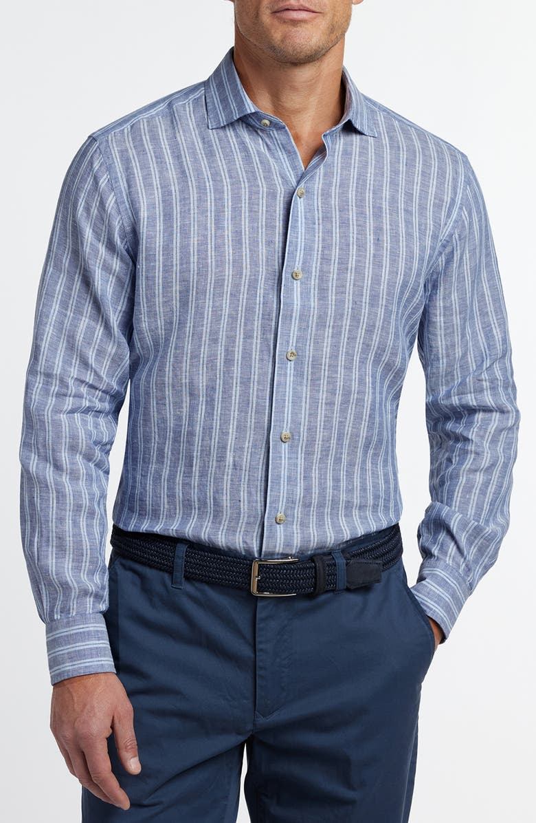 David Donahue Stripe Slub Linen Button-Up Shirt, Main, color, Navy/ Sky
