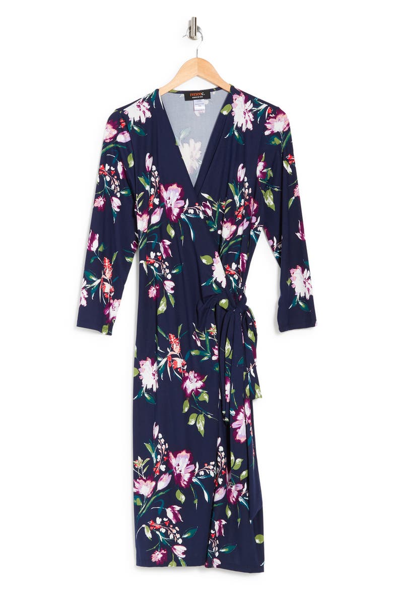 Floral Print V-Neck Jersey Wrap Dress, Alternate, color, NAVY