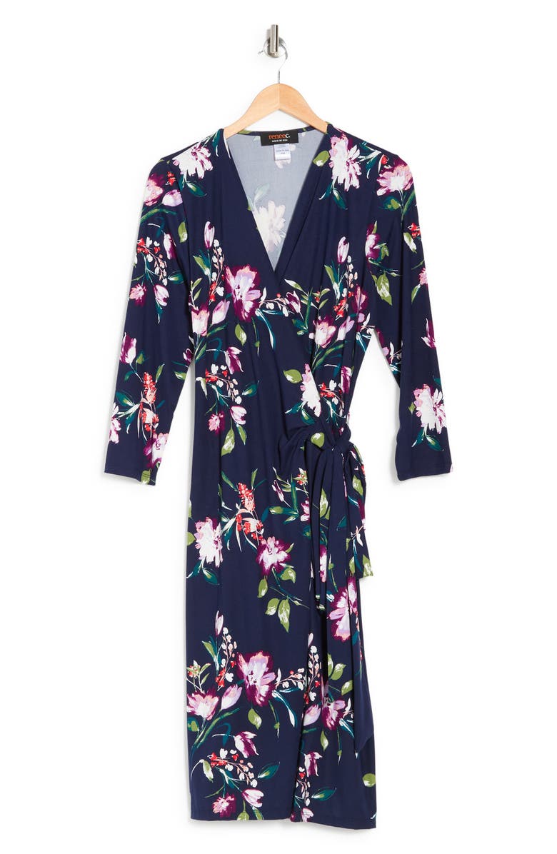 Renee C Floral Print V-Neck Jersey Wrap Dress, Alternate, color, Navy